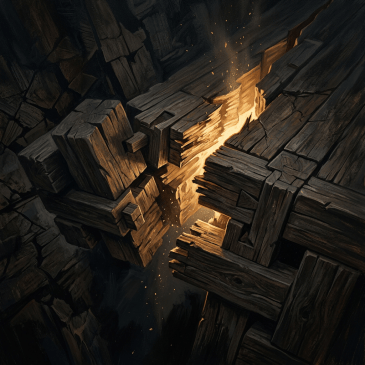 Interlocking wooden pieces separating with warm light
